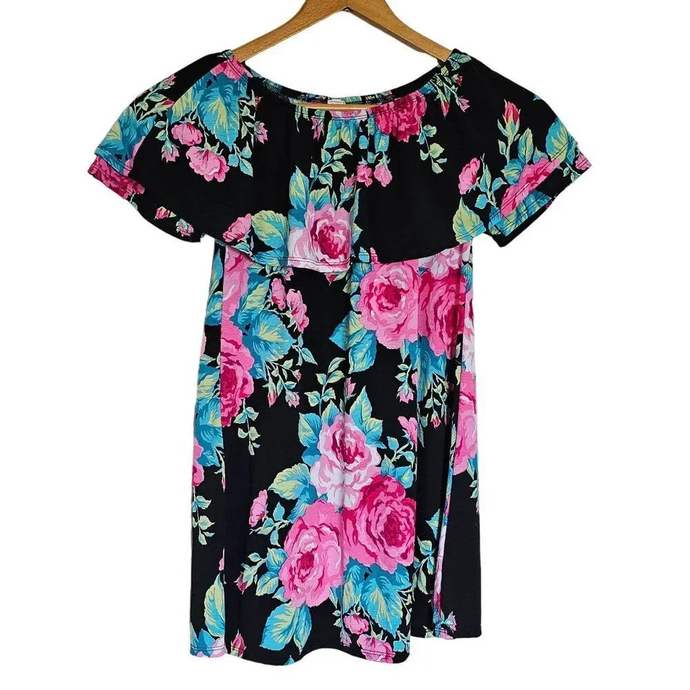 Black and Pink Floral Off the Shoulder Midi Dress Womens Size S Bump Friendly